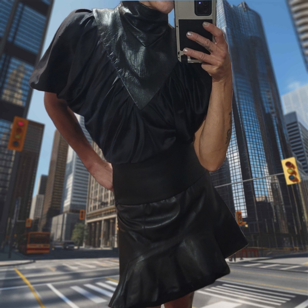 SLAVA Vintage Butterfly Leather Puff Sleeve Top